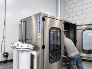 Monteur bij de roetfilterreinigingsmachine in de werkplaats van DPF Refresh.