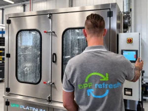 Medewerker bedient de machine voor roetfilterreiniging in de werkplaats van DPF Refresh.